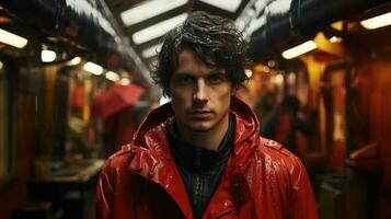 une homme dans une rouge pluie manteau ai généré photo