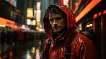 une homme dans une rouge pluie manteau ai généré photo