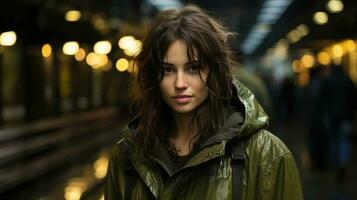 une femme dans une vert pluie manteau ai généré photo