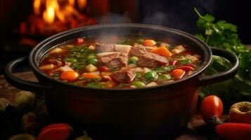 pot de soupe avec Viande et des légumes ai généré photo