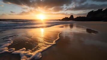 le coucher du soleil sur le plage ai généré photo