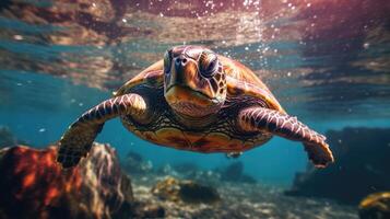 tortue nager en dessous de l'eau ai généré photo