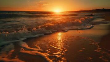 le coucher du soleil sur le plage ai généré photo