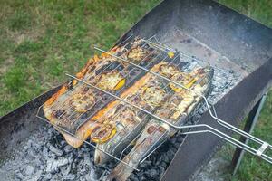 barbecue en plein air avec du poisson grillé photo