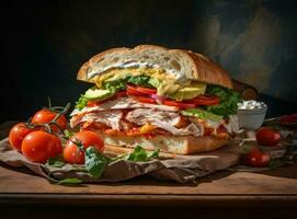 une savoureux dinde et salade sandwich avec une garnir de tomates et autre des légumes photo