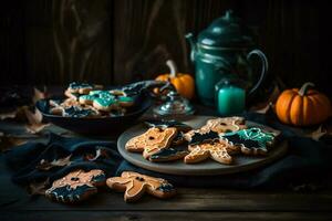 Halloween citrouille biscuits et Lait établi en utilisant génératif ai photo
