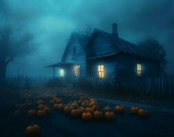Halloween maison dans le nuit établi en utilisant génératif ai photo