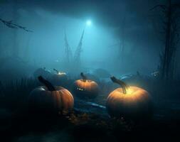 effrayant Halloween citrouille dans le forêt établi en utilisant génératif ai photo