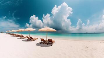 plage avec parapluie et chaises établi en utilisant génératif ai photo