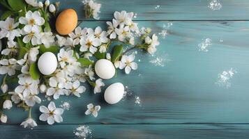 Pâques des œufs et fleurs établi en utilisant génératif ai photo