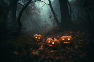 effrayant Halloween citrouille dans le forêt établi en utilisant génératif ai photo