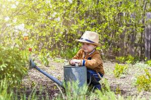 mignonne peu bambin garçon dans une chapeau et caoutchouc bottes est arrosage les plantes avec une arrosage pouvez dans le jardin. une charmant peu enfant portion le sien Parents grandir des légumes. photo