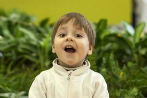 fermer portrait de une petit enfant souriant en plein air sur une vert Contexte. photo