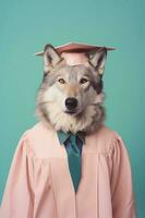 Loup dans l'obtention du diplôme casquette et robe. réaliste portrait. génératif ai photo