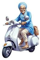 une femme équitation une blanc scooter avec une sourire sur sa visage photo