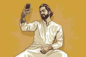 barbu homme dans blanc Vêtements prise une selfie avec le sien téléphone intelligent photo