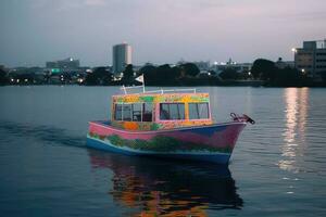 une petit, coloré bateau flottant sur une corps de eau, avec une ville dans le Contexte. le bateau apparaît à être une pêche bateau et est peint dans une vibrant Couleur schème, fabrication il supporter en dehors sur le l'eau. photo