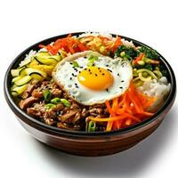 coréen Bibimbap servi dans le forme de une traditionnel hanbok robe isolé sur blanc Contexte photo