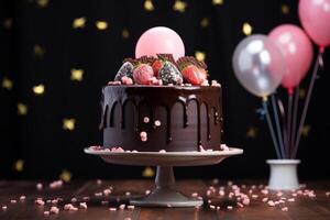 sur une blanc rester, une Chocolat gâteau couronné avec des fraises déborde avec sucré les miettes sur le sol, avec coloré des ballons valoriser le fête ambiance. ai généré photo