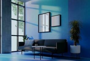 Cadre photo maquette avec ciel bleu mur Contexte. 3d rendre illustration