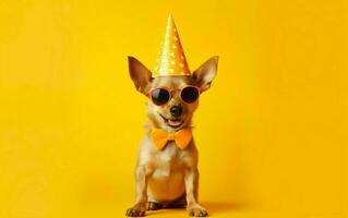 mignonne chien dans fête chapeau, Orange arc attacher et des lunettes de soleil plus de brillant Jaune Contexte. marrant animal de compagnie fête photo
