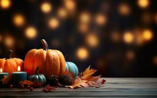 l'automne citrouille avec bougies, érable feuilles et pin cône sur foncé bokeh lumières bleu Contexte avec copie espace. en bois tableau. Halloween concept. content action de grâces. photo