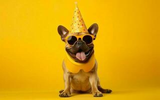 marrant animal de compagnie célébrer, mignonne chien dans fête chapeau et des lunettes de soleil plus de Jaune Contexte. français bouledogue photo