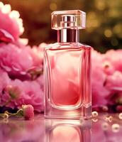 luxueux floral flairer, fragrance bouteille et rose fleurs, parfum commercial dans fleur jardin, sur mesure parfumerie et beauté produit vente, génératif ai photo