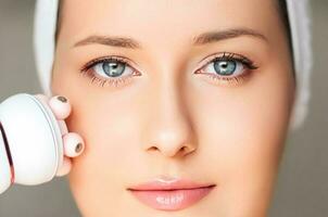 anti-âge cosmétologie et beauté traitement produit, femme en utilisant visage contour massage rouleau dispositif comme lifting procédure et soin de la peau routine photo