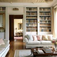 Accueil bibliothèque décor, séance pièce et intérieur conception, blanc vivant pièce avec canapé, bibliothèque et étagères dans Anglais pays maison et élégant chalet style, génératif ai photo