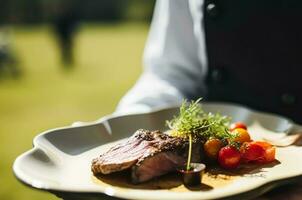 steak servi par une serveur à une luxe un événement en plein air, bien à manger, post-traité, génératif ai photo