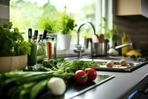 Stock photo de à l'intérieur cuisine proche en haut ai généré