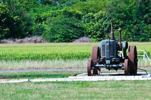 tracteur dans une champ de herbe. photo