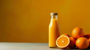 Orange Frais jus dans une bouteille isolé sur Orange Contexte photo