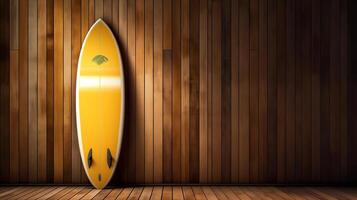 Jaune planche de surf sur en bois mur ai génératif photo