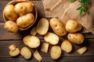 Stock photo Patate dans cuisine table certains tranché plat ai généré