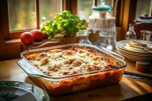 Stock photo de lasagne dans cuisine table oiseau vue ai généré