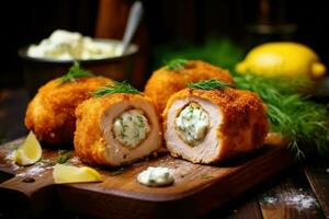 poulet Kiev dans le cuisine table nourriture la photographie ai généré photo