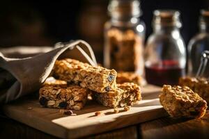 granola bars dans le cuisine table nourriture la photographie ai généré photo