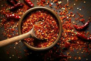 Stock photo Chili flocons dans cuisine table ai généré