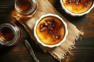 crème brulée dans le cuisine table nourriture la photographie ai généré photo