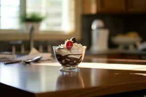 Chocolat sundae dans le cuisine table nourriture la photographie ai généré photo