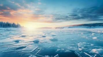 congelé Lac à hiver lever du soleil avec vide espace pour texte photo