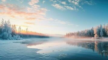 congelé Lac à hiver lever du soleil avec vide espace pour texte photo