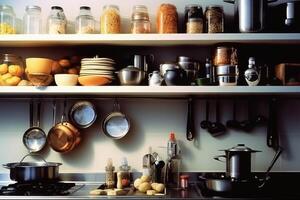 Stock photo de à l'intérieur cuisine proche en haut ai généré