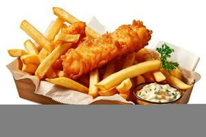 Stock photo de poisson et frites nourriture la photographie isolé blanc Contexte ai généré