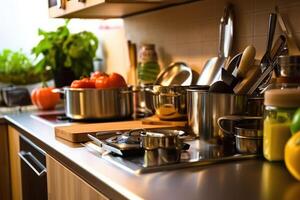 Stock photo de à l'intérieur cuisine proche en haut ai généré