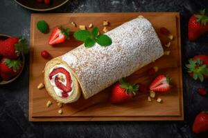 Stock photo de Suisse rouleau dans cuisine table certains tranche ai généré