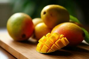 mangues fruit dans le cuisine table nourriture la photographie ai généré photo