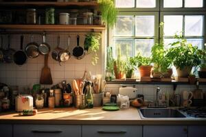 Stock photo de à l'intérieur cuisine proche en haut ai généré